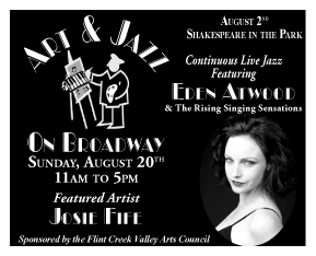 July & August 2006 Flint Creek Valley Arts Council
									<br>
									Recurring Ad
									&nbsp;&nbsp;&diams;&nbsp;&nbsp;
									3&frac58;"W x 3"H<br>
									30# Newsprint